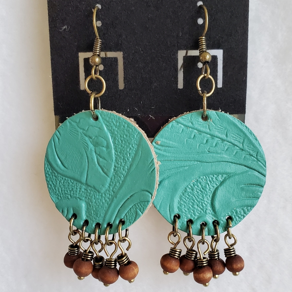 Women teal leather and beaded hook earrings